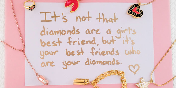 Jewelry pieces surrounding a hand written quote about best friends
